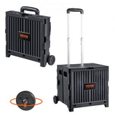 Black foldable utility cart with a telescoping handle and durable rubber wheels for easy transport.