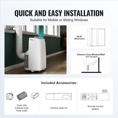 Portable air conditioner with LED interface, remote control, and wheels for easy mobility.