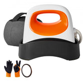 White mini hat heat press machine with 6.1x3.5 inch curved plate, black base, gray carrying bag, and orange gloves.