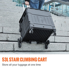 A man pulls a black 53L foldable stair-climbing cart with lid and adjustable handle up concrete stairs.