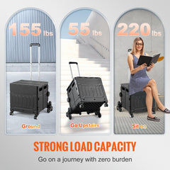 A black foldable cart with an adjustable handle is shown in three scenarios.