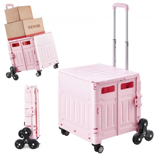 Pink foldable 65L stair climbing cart with wheels, handle, and stacked boxes.