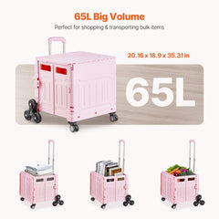 Pink foldable stair climbing cart with wheels and adjustable handle, shown carrying items.