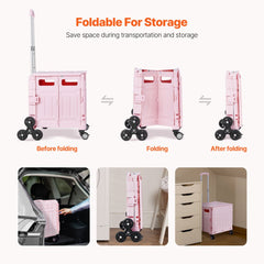 Pink Bostome 65L foldable stair climbing cart with wheels, shown unfolded, folding, and stored compactly.