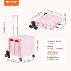 Pink foldable stair-climbing cart with wheels, 65L capacity, showing dimensions.