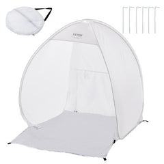 White pop-up spray paint tent booth with stakes, 40x35x40 inches, portable and foldable.