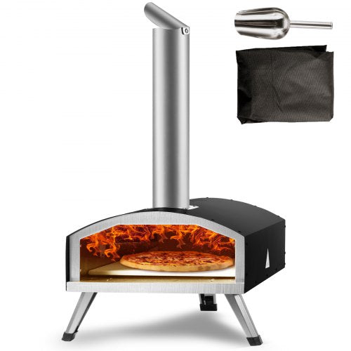 A portable 12-inch outdoor pizza oven with stainless steel construction and foldable legs.