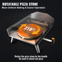 12-inch multi-fuel outdoor pizza oven with wood and gas options and a rotating stone.