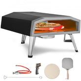 Black stainless steel portable gas pizza oven with 16-inch rotatable stone, pizza peel, and accessories.