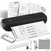 Black Bostome portable thermal printer with Bluetooth, battery, papers, and accessories.