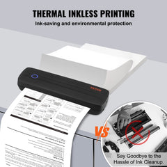 Portable thermal printer with 2600mAh battery and 300 DPI printing, showing inkless vs. traditional comparison.