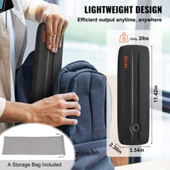 A hand holds the black Bostome portable thermal printer next to a backpack, with dimensions and a gray storage bag shown.