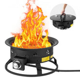 A 19-inch portable propane fire pit with a stainless steel burner and adjustable flame control.