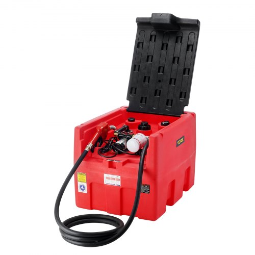 Portable 48-gallon fuel tank with a 12V pump, featuring a lockable lid and dual filtration system.