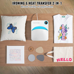 Bostome 10x12 inch portable heat press machine with Teflon-coated platen, shown pressing designs on shirts, pillows, and totes.