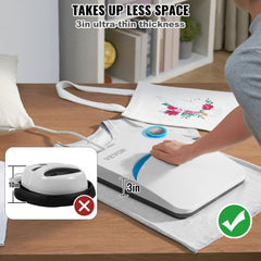 A 10x12 inch portable heat press machine with 3-inch thin profile, shown pressing a shirt on a table.