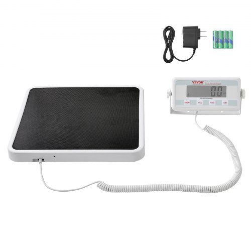 Portable digital physician scale with 550 lb capacity, anti-slip mat, LCD display, and power adapter.