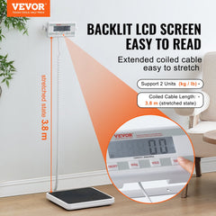 Portable digital physician scale with backlit LCD, coiled cable, and anti-slip platform.