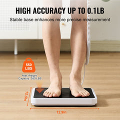 A white digital physician scale with anti-slip mat, showing 550 lbs capacity and 0.1 lb accuracy.