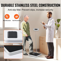 Portable digital physician scale with stainless steel construction, anti-slip mat, and 550 lb capacity, shown in use by a doctor and patient.