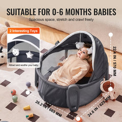 A portable baby bassinet with a folding design, canopy, and two toys for playtime.