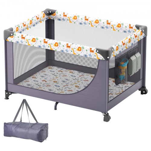 Gray portable baby playpen with wheels, quick-folding design, and breathable mesh sides.