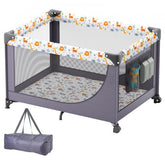 Gray portable baby playpen with wheels, quick-folding design, and breathable mesh sides.