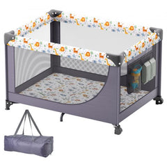 Gray portable baby playpen with wheels, quick-folding design, and breathable mesh sides.