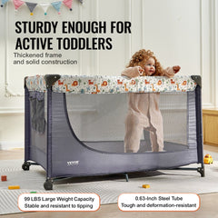 Gray portable baby playpen with wheels, quick-folding design, and breathable mesh sides.