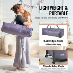 Gray portable baby playpen with wheels, quick-folding design, and breathable mesh sides.