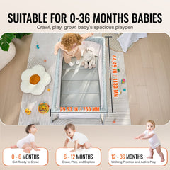 Foldable baby playpen with soft mattress and mesh sides on a striped rug with toys.