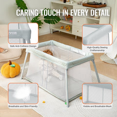 Gray folding baby travel crib with mesh sides, anti-collision design, and soft mattress.