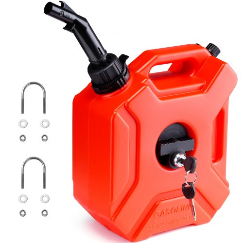 Red 1.3 gallon HDPE gas can with lock and auto-off spout for ATV and SUV use.