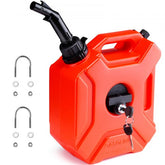 Red 1.3 gallon HDPE gas can with lock and auto-off spout for ATV and SUV use.
