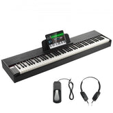 Bostome 88-key digital piano in black and white with weighted keys and dual keyboard feature.