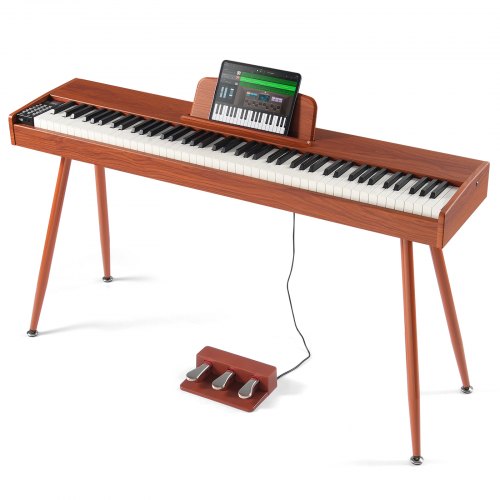 A black Bostome 88-key fully weighted digital piano on a stand with dual keyboard mode, tablet, and red sustain pedal.