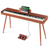 A black Bostome 88-key fully weighted digital piano on a stand with dual keyboard mode, tablet, and red sustain pedal.