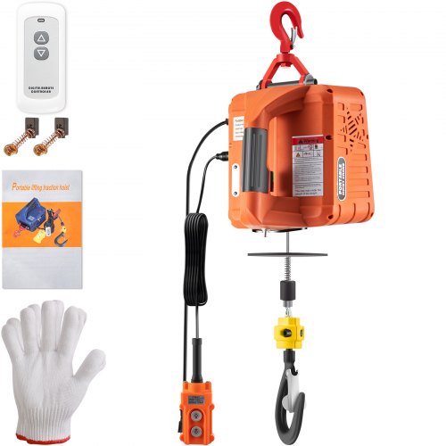 Orange 3-in-1 electric hoist winch with 1100lbs capacity, 25ft cable, wireless remote, wired pendant, crank, and safety hook.
