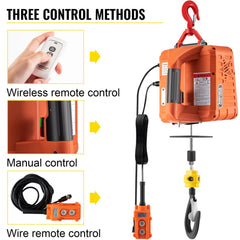 Diagram of Bostome electric hoist winch showing wireless remote, wired pendant, and manual crank controls with hook.