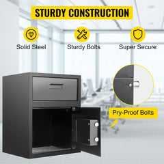Black carbon steel depository safe with open door, electronic lock, and pry-proof bolts.