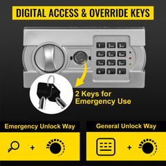 Silver digital depository safe with electronic keypad and two emergency override keys.