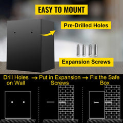 Diagram showing easy wall mounting of a black steel depository safe using pre-drilled holes and expansion screws.