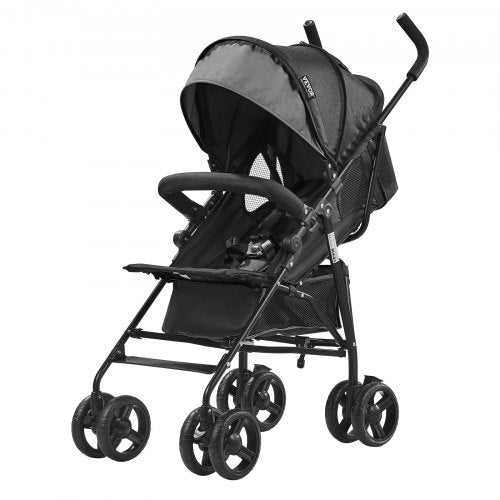 Lightweight compact stroller with easy fold, adjustable backrest, and five-point safety harness.