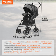 Lightweight compact stroller with adjustable backrest and easy one-handed fold mechanism.