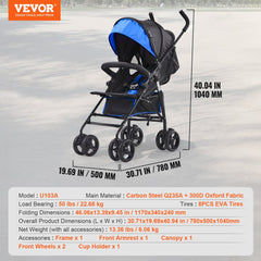 Lightweight compact stroller with adjustable backrest, five-point harness, and three-fold canopy.