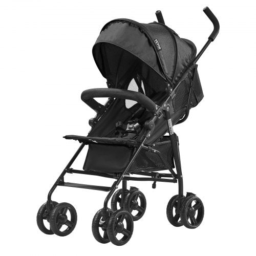 Black Bostome lightweight compact stroller with adjustable backrest and easy fold.