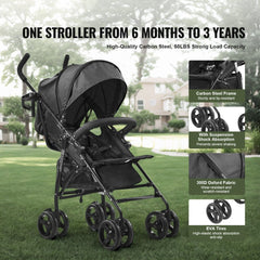 Black lightweight compact stroller with adjustable backrest, carbon steel frame, and EVA wheels.