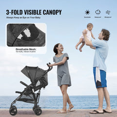 Black lightweight compact stroller with easy fold, adjustable backrest, and three-fold canopy featuring mesh window.