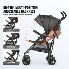 Black lightweight compact stroller with adjustable backrest from 95 to 145 degrees and easy fold design.