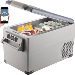 Portable car refrigerator with dual zones, 37-quart capacity, and digital control panel.